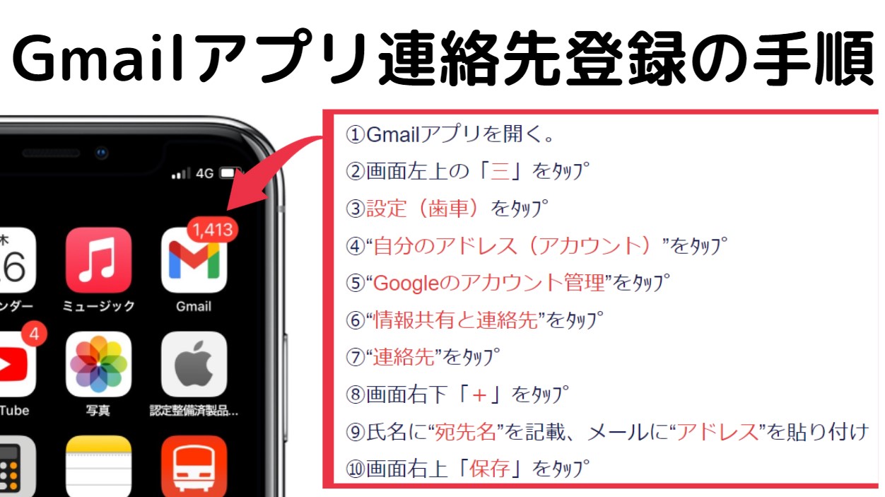 iPhone Gmailアプリ 連絡先にメールアドレスを登録する操作手順 |ガジェキンブログ